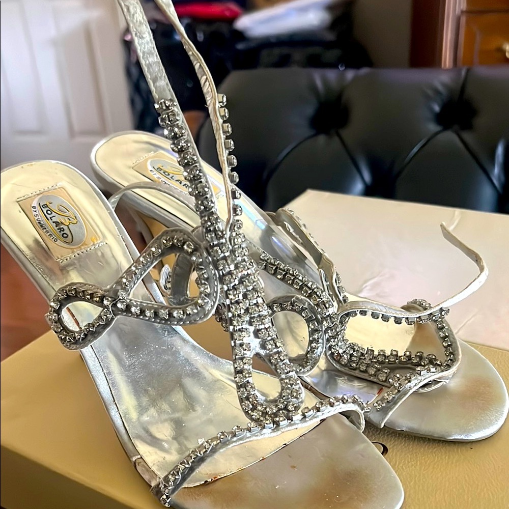 Elegant Silver Silk Beaded Women's Heels